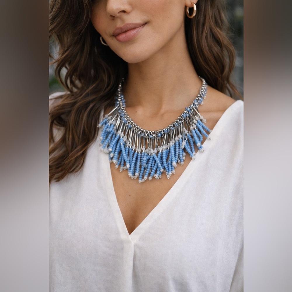 WHBM Blue Beaded Statement Necklace